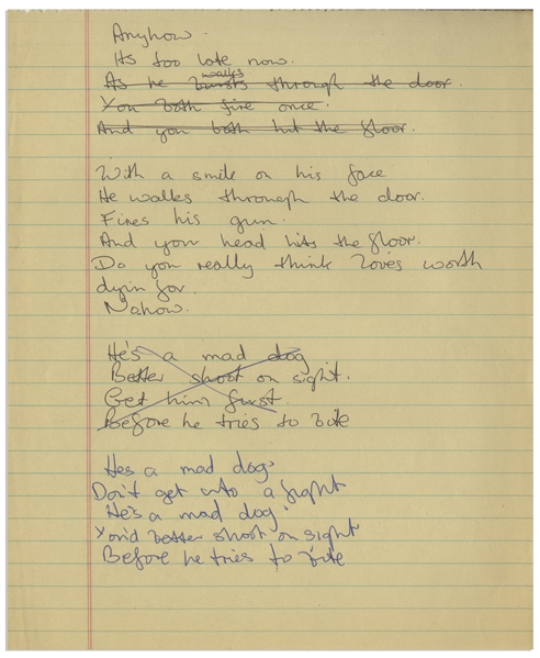 The Who's John Entwistle Handwritten Draft Lyrics to the Title Track on His Album ''Mad Dog''